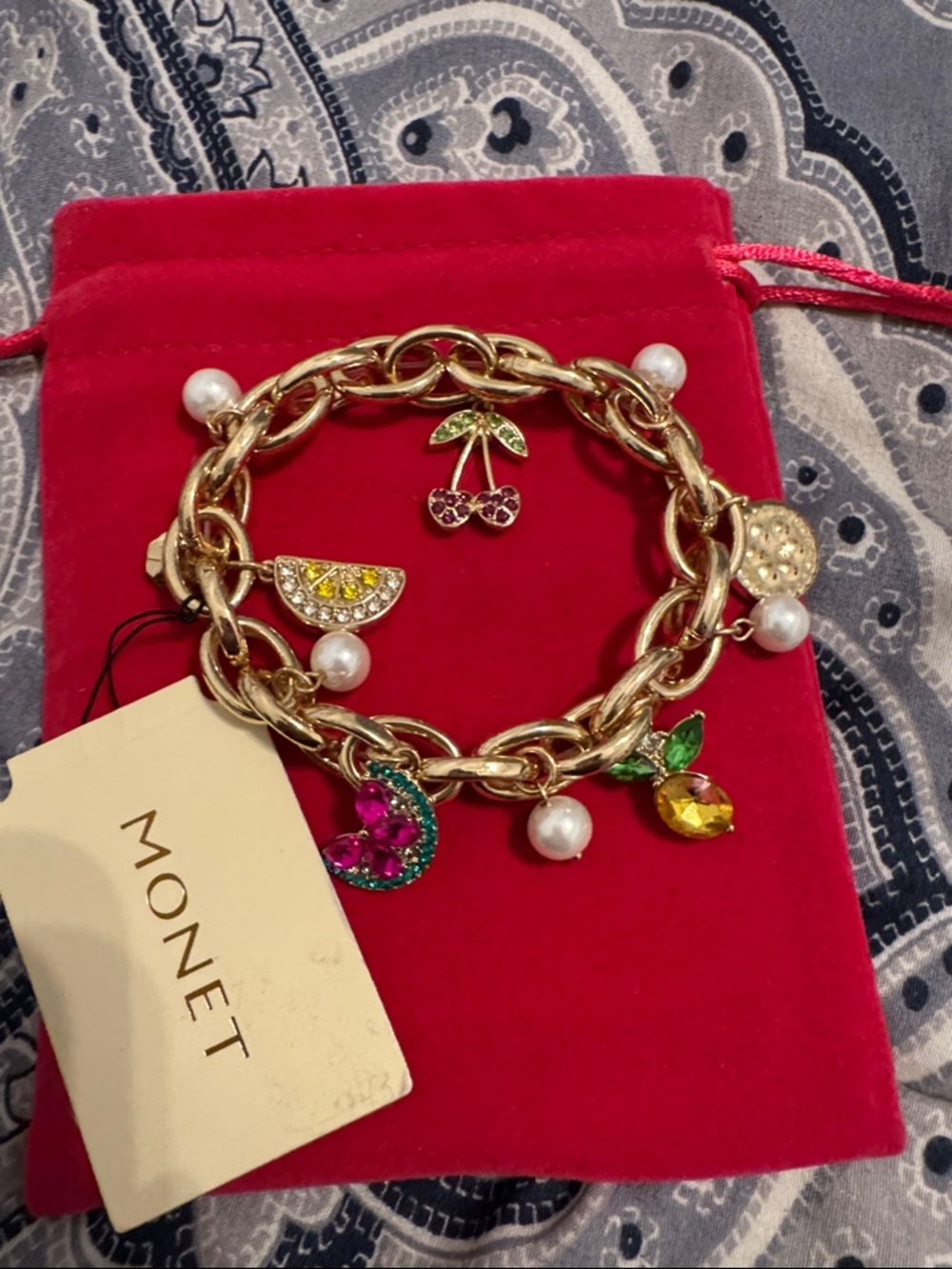 Monet Gold Tone Bracelet with Multi-Color Fruit and Pearl Charms